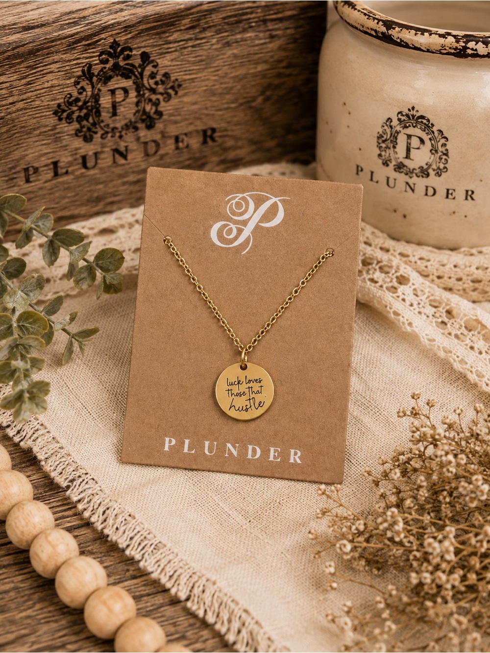 Plunder Design "Luck Loves Those That Hustle" Gold Pendant Necklace.